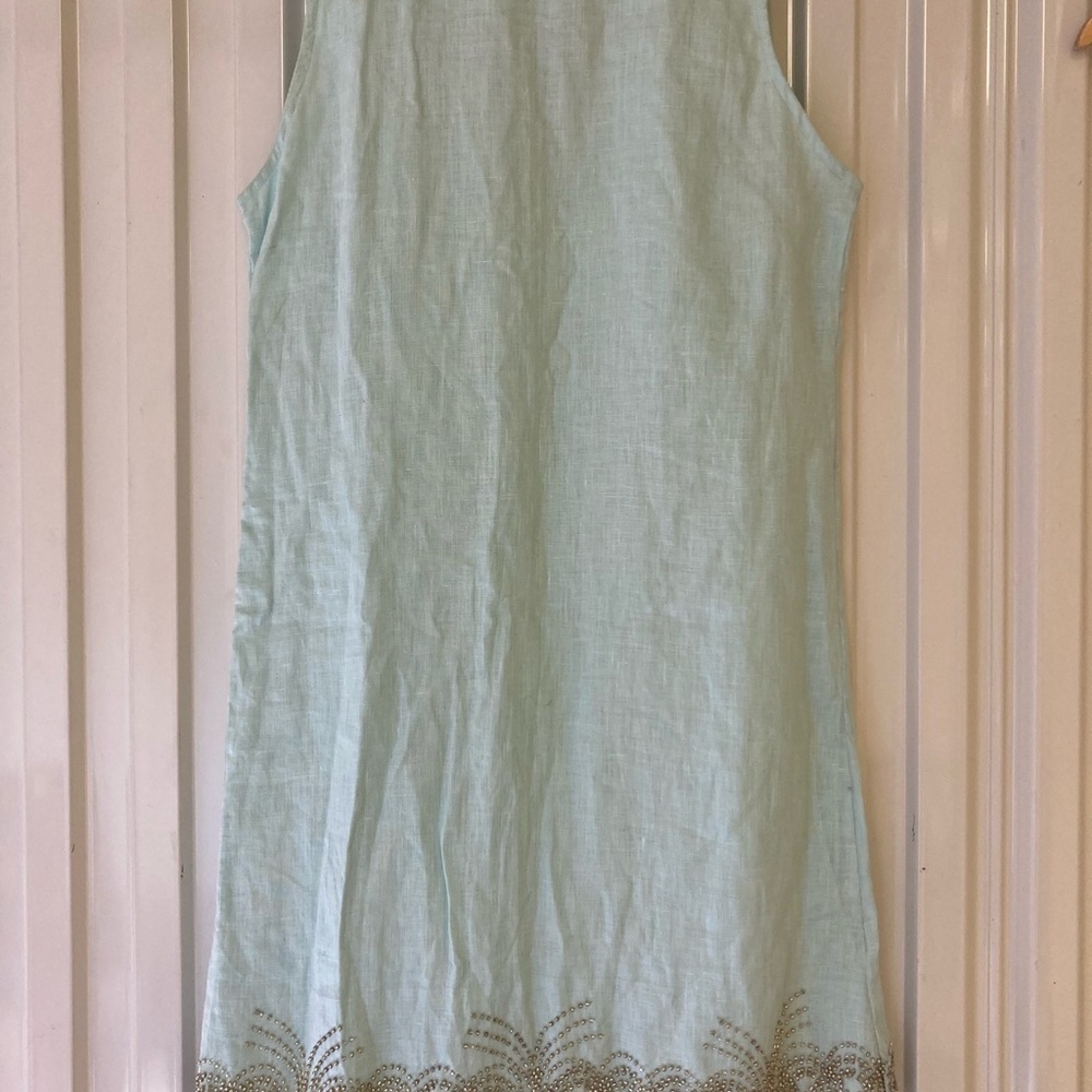 Bella Tu Jeanne D’ Gopi Vaid Linen Beaded Dress 6 Mint Blue Sleeveless India - Picture 10 of 14